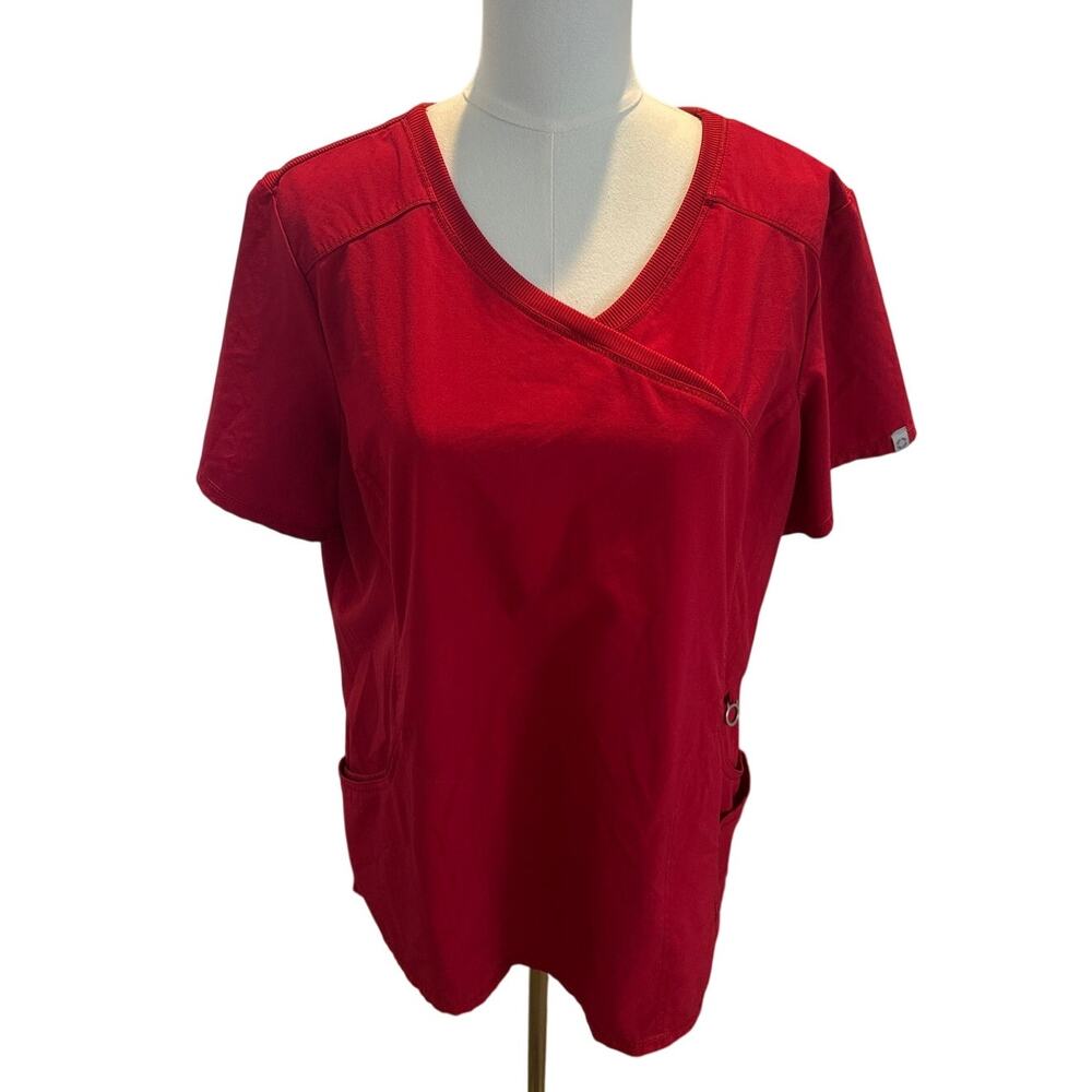Cherokee Infinity Red Mock‑Wrap V‑Neck Scrub Top with Pockets – Women’s XL